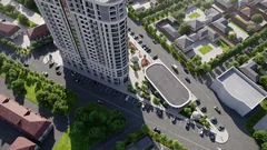 ЖК «Орион» в Грозном — парковка, проезды и отдельно стоящий корпус, вид сверху, визуализация
