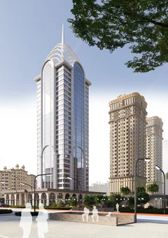 ЖК X-Tower в Грозном — башня в ансамбле соседних домов со стороны бульвара, визуализация