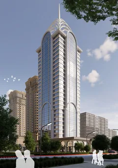 ЖК X-Tower в Грозном — угловой вид башни со стороны озеленённого бульвара, визуализация