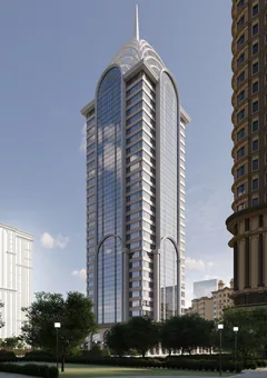 ЖК X-Tower в Грозном — башня за деревьями и газоном, вид с прогулочной территории, визуализация