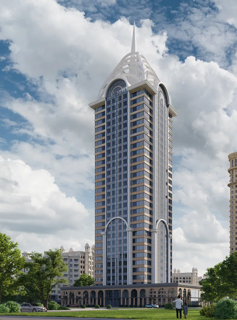 ЖК X-Tower в Грозном — башня со шпилем и арочными окнами, вид с газона, визуализация