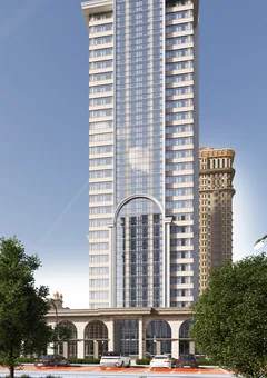 ЖК X-Tower в Грозном — фронтальный вид стеклянного фасада и нижних этажей, визуализация