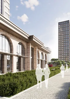 ЖК X-Tower в Грозном — прогулочная аллея вдоль арочных окон стилобата, визуализация