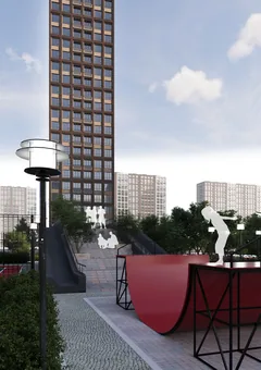 ЖК X-Tower в Грозном — скейт-рампа и лестница на благоустроенной территории, визуализация