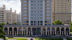 ЖК X-Tower в Грозном — протяжённый стилобат с арочными окнами со стороны улицы, визуализация