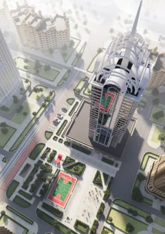 ЖК X-Tower в Грозном — территория вокруг башни и дворовые площадки с высоты, визуализация