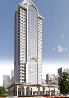 ЖК X-Tower в Грозном — угловой фасад башни и входная группа со стороны дороги, визуализация