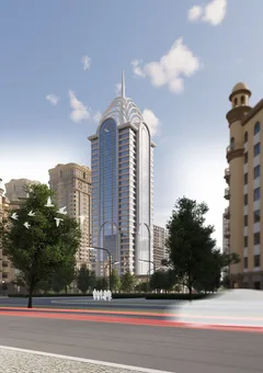 ЖК X-Tower в Грозном — башня в перспективе улицы среди деревьев и соседних домов, визуализация